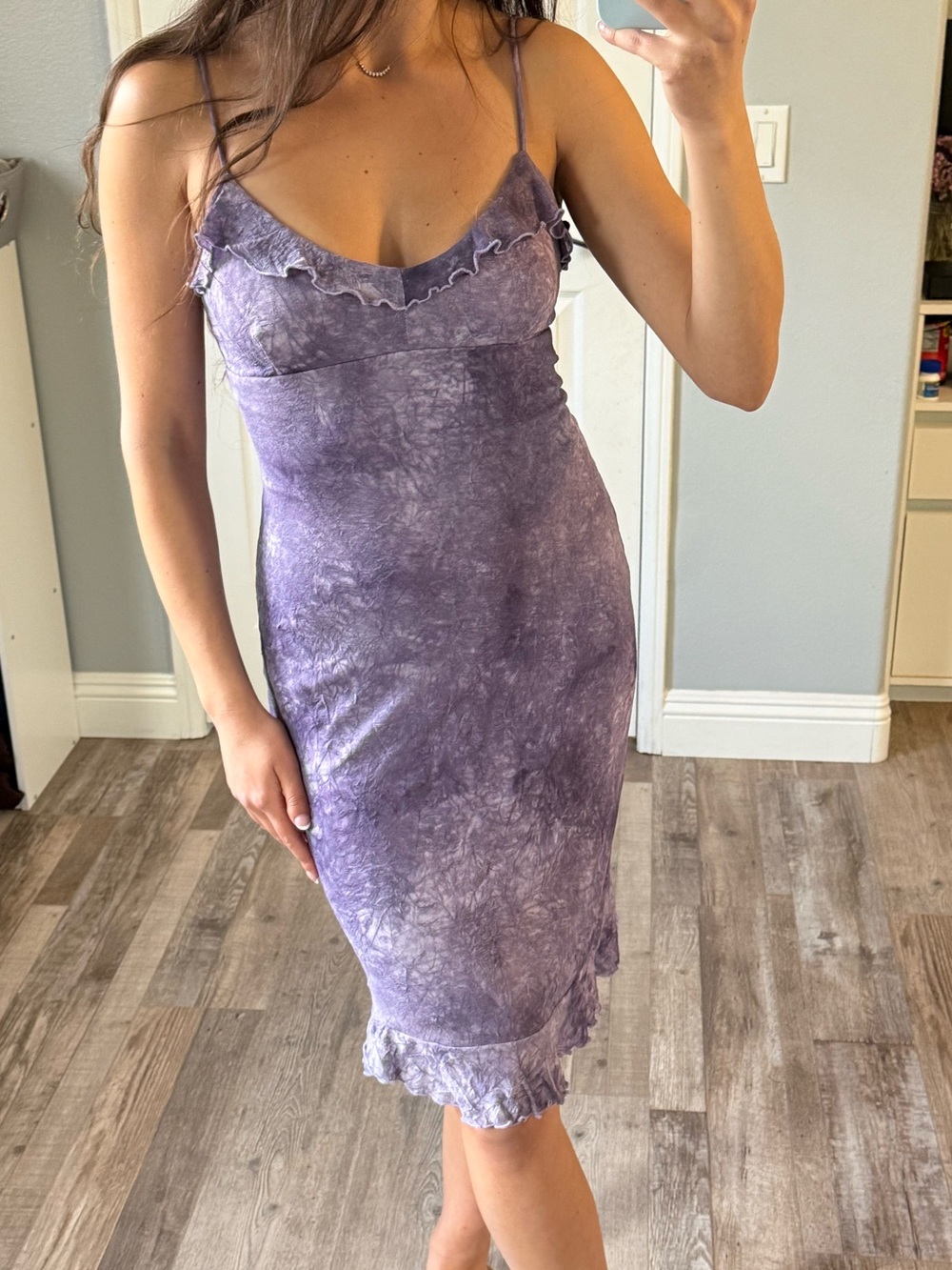 La Belle Vintage Purple Tie-Dye Midi Slip Dress with Ruffle Trim